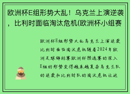 欧洲杯E组形势大乱！乌克兰上演逆袭，比利时面临淘汰危机(欧洲杯小组赛比利时)